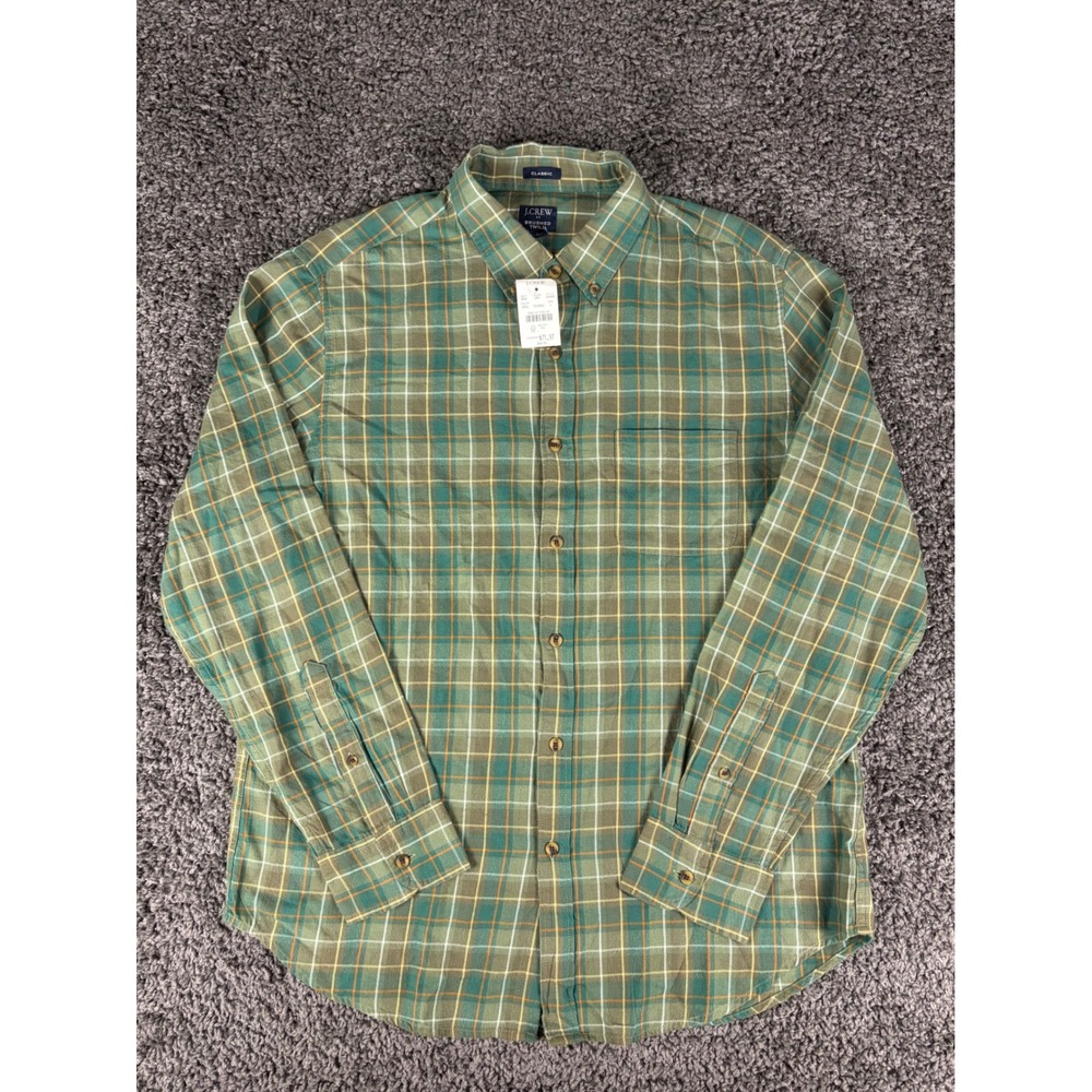 J.Crew Mens Classic Brushed Twill Plaid Shirt Green Orange AP635 Size L NWT